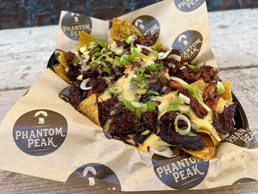 Loaded nachos with pulled meat, cheese sauce and spring onions