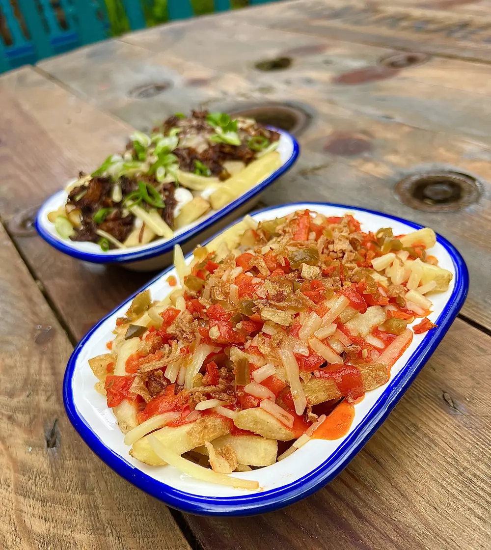 Two enamel dishes of loaded fries on a wooden table