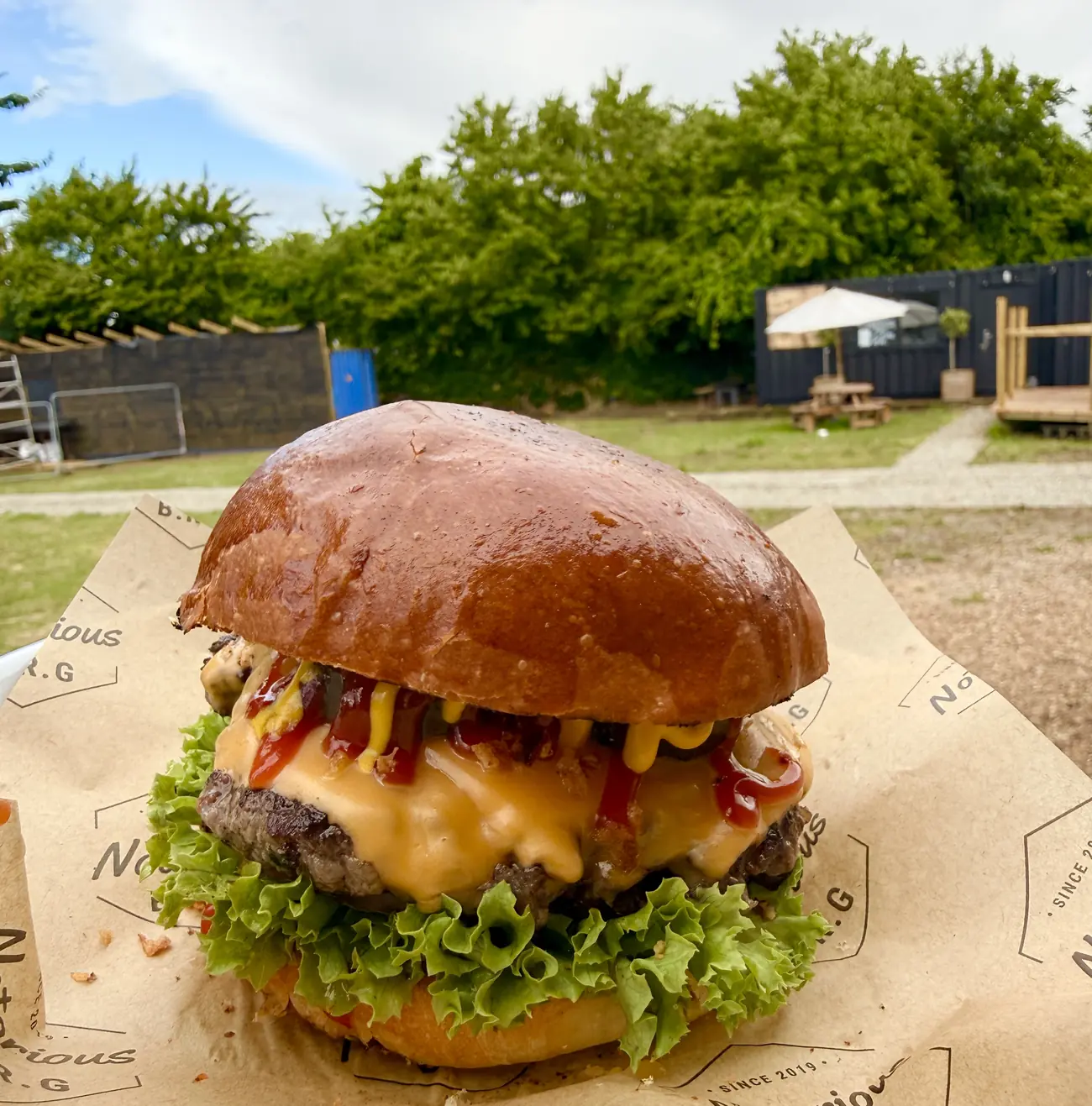 Cheeseburger on Notorious B.R.G paper, outdoors with trees behind