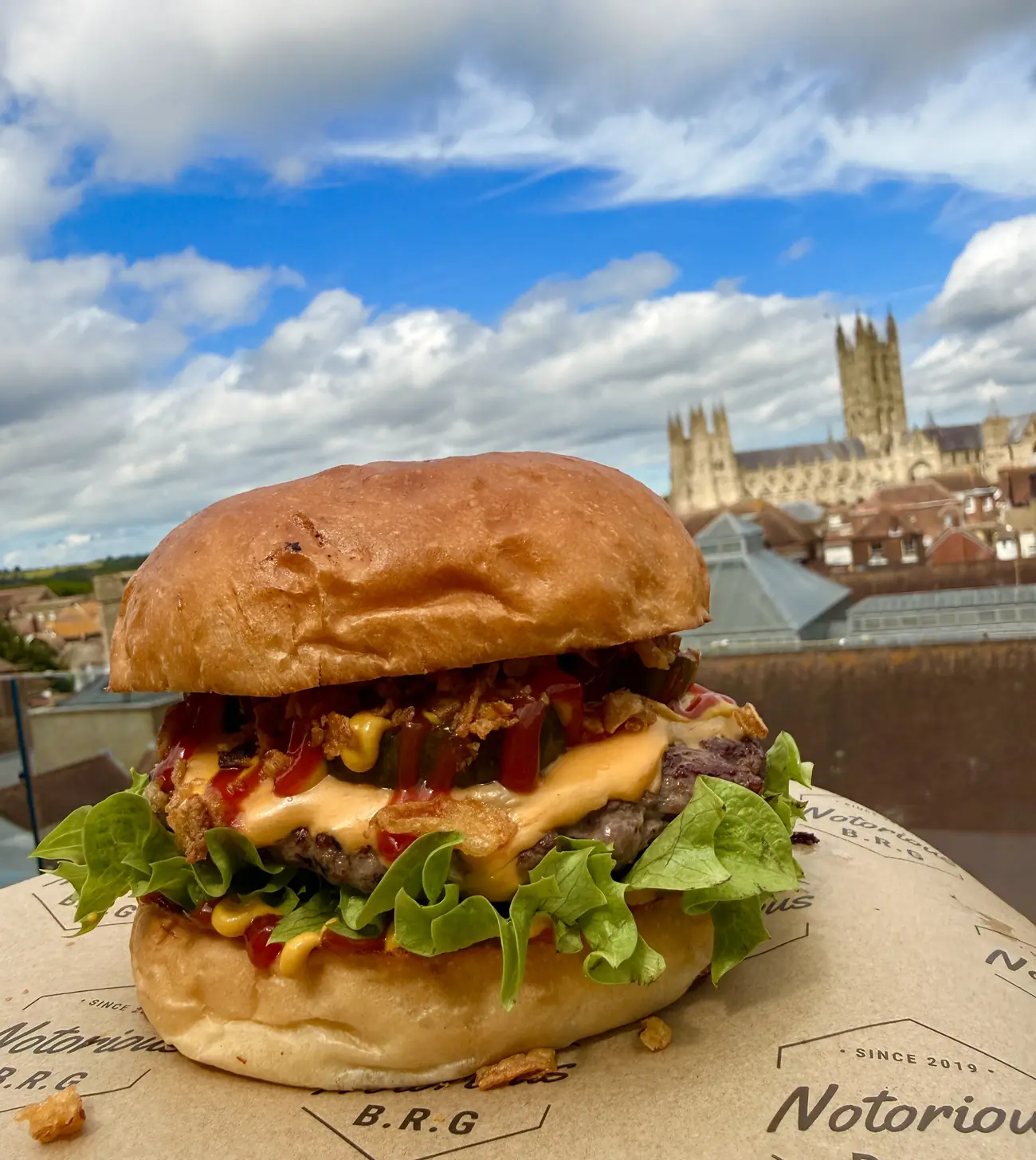 Cheeseburger on The Rooftop with Canterbury Cathedral behind